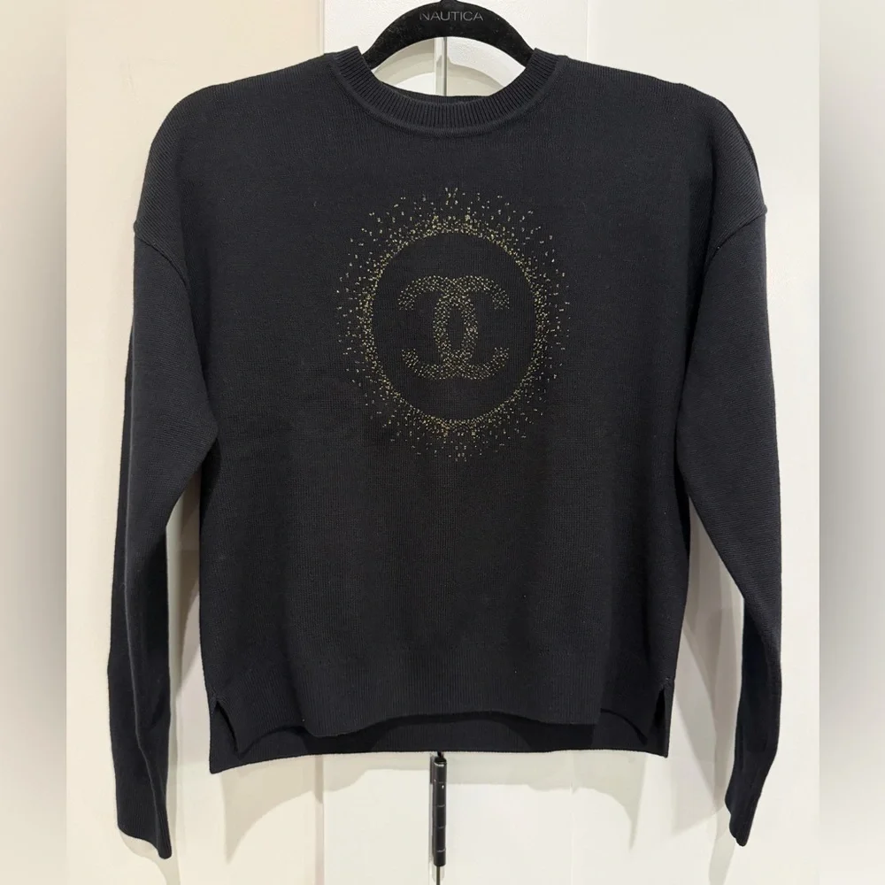 CHANEL Uniform Black Cotton Sweater W Gold Metallic CC Logo Size S designer NEW
